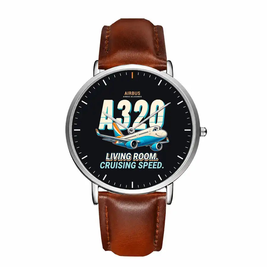 Airbus ACJ320neo - Cartoon - Slim Leather - Silver and Brown Leather Strap