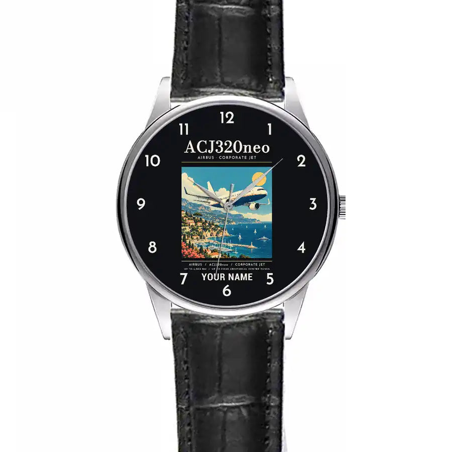 Airbus ACJ320neo - Poster + Name - Leather Strap - Striped Black Leather Strap