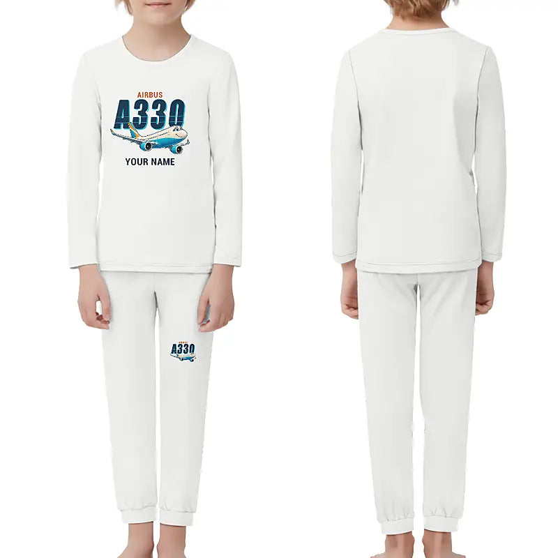Airbus ACJ330neo - Children Pajamas - Cartoon Chest + Name - White