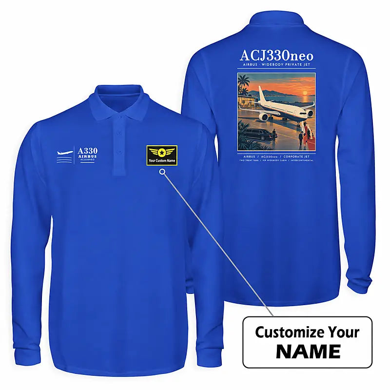 Airbus ACJ330neo - exact ACJ330-800 Premium Polo T-Shirts - Poster + Name - Long Sleeve - Blue