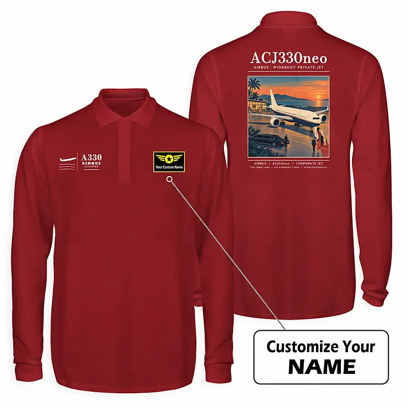 Airbus ACJ330neo - exact ACJ330-800 Premium Polo T-Shirts - Poster + Name - Long Sleeve - Dark Red