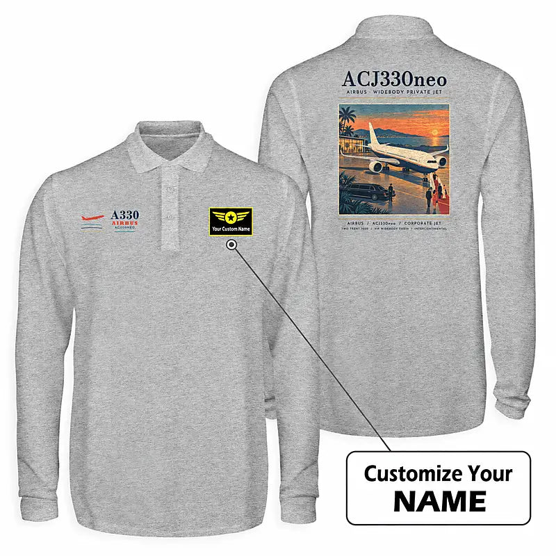 Airbus ACJ330neo - exact ACJ330-800 Premium Polo T-Shirts - Poster + Name - Long Sleeve - Gray