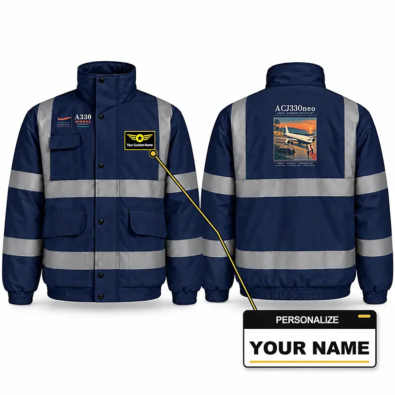 Airbus ACJ330neo Reflective Winter Jackets - Poster + Name - Navy Blue