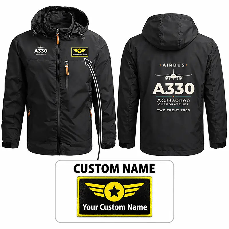 Airbus ACJ330neo Stylish Jackets - Hooded Windbreaker - Heritage + Name - Black