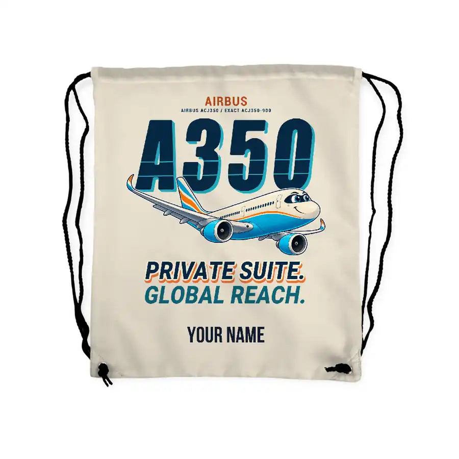 Airbus ACJ350 - Drawstring Bag - Cartoon + Name - Beige