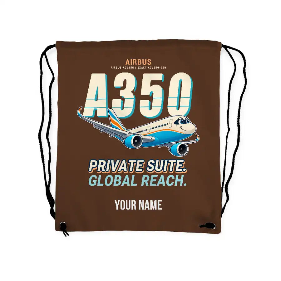 Airbus ACJ350 - Drawstring Bag - Cartoon + Name - Brown