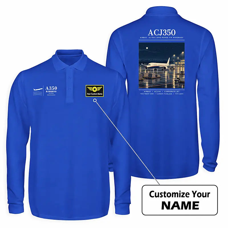 Airbus ACJ350 - exact ACJ350-900 Premium Polo T-Shirts - Poster + Name - Long Sleeve - Blue