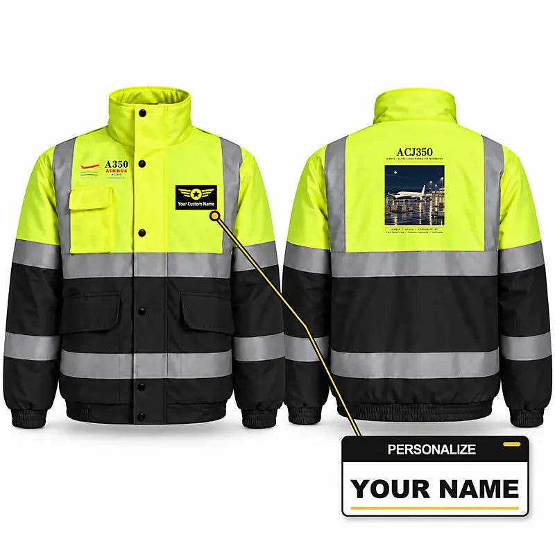 Airbus ACJ350 Reflective Winter Jackets - Poster + Name - Fluorescent Yellow & Navy