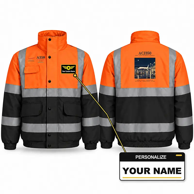 Airbus ACJ350 Reflective Winter Jackets - Poster + Name - Orange & Navy