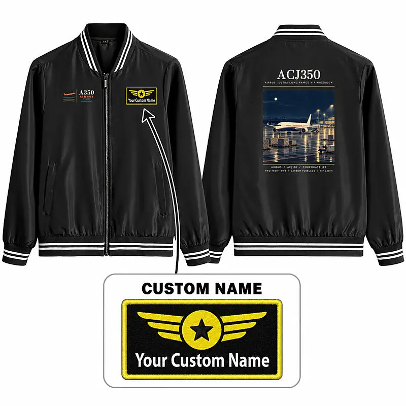 Airbus ACJ350 Stylish Jackets - Baseball Collar - Poster + Name - Black