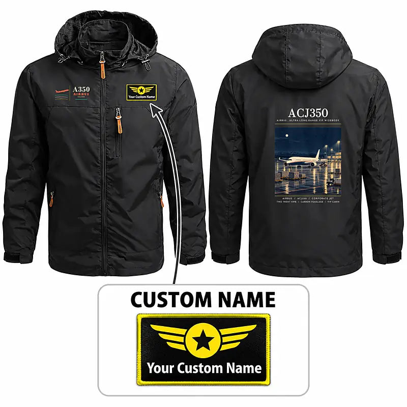 Airbus ACJ350 Stylish Jackets - Hooded Windbreaker - Poster + Name - Black