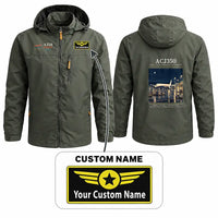 Thumbnail for Airbus ACJ350 Stylish Jackets - Hooded Windbreaker - Poster + Name - Olive Green