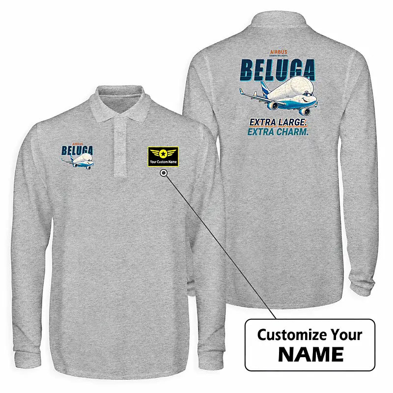 Airbus BelugaXL - A330-743L Premium Polo T-Shirts - Cartoon + Name - Long Sleeve - Gray