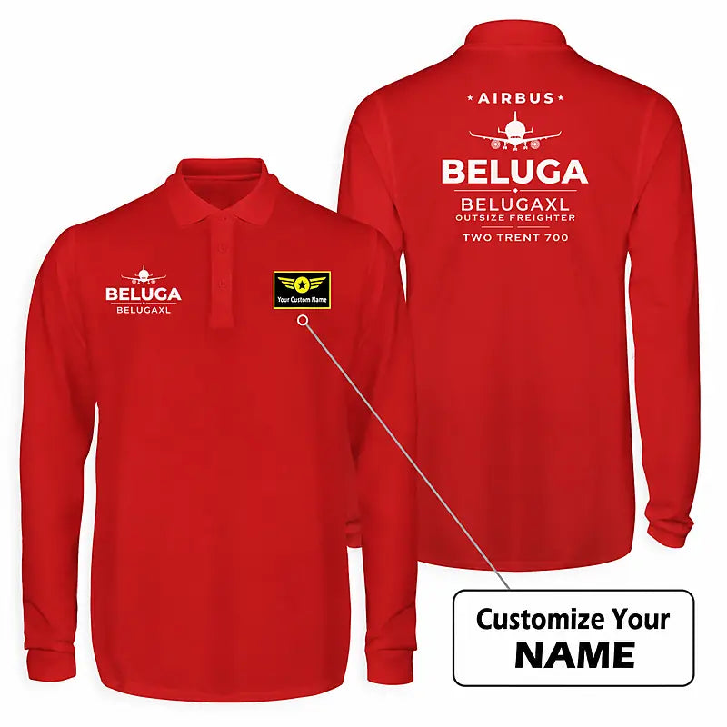 Airbus BelugaXL - A330-743L Premium Polo T-Shirts - Heritage + Name - Long Sleeve - Red