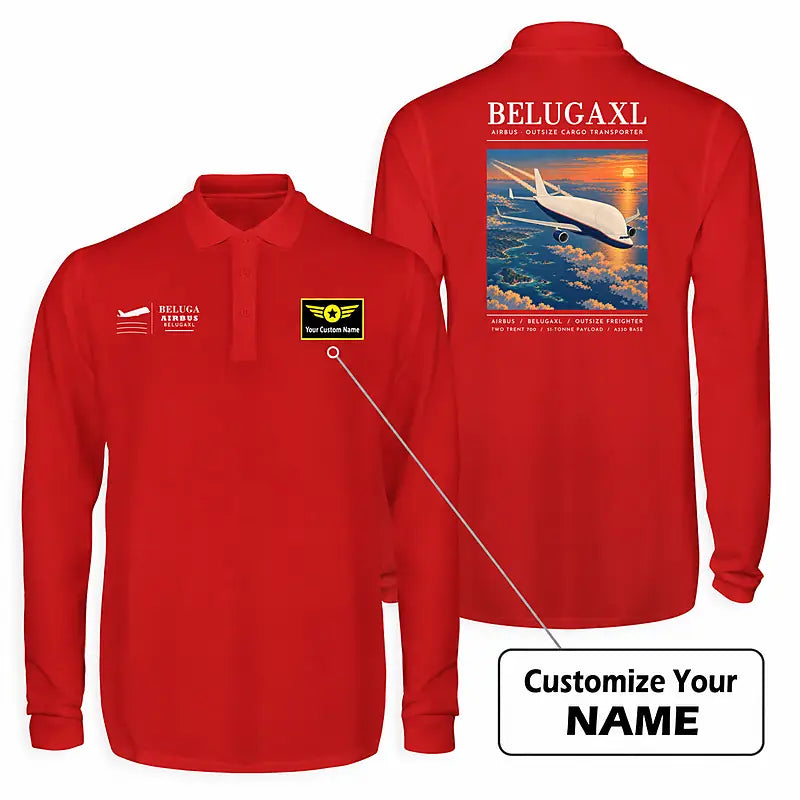 Airbus BelugaXL - A330-743L Premium Polo T-Shirts - Poster + Name - Long Sleeve - Red