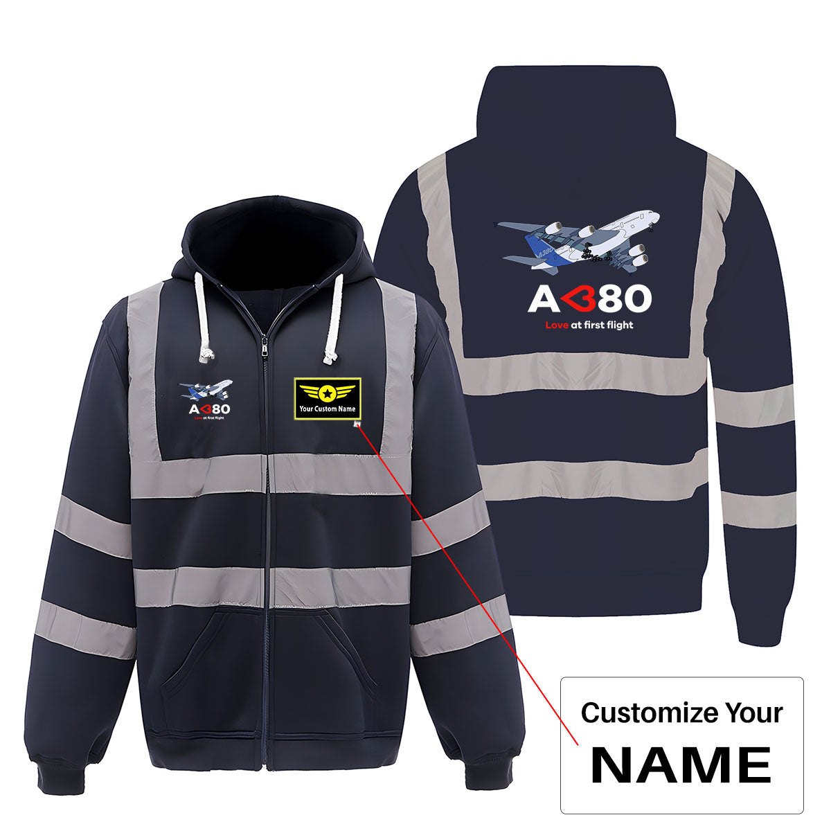 Airbus A380 Love at first flight Designed Reflective Zipped Hoodies