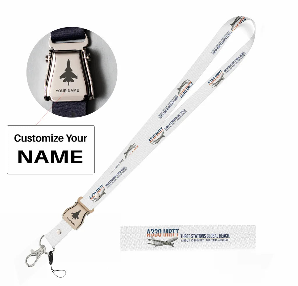Airbus A330 MRTT - Three Stations Global Reach. seat belt lanyard - white with name
