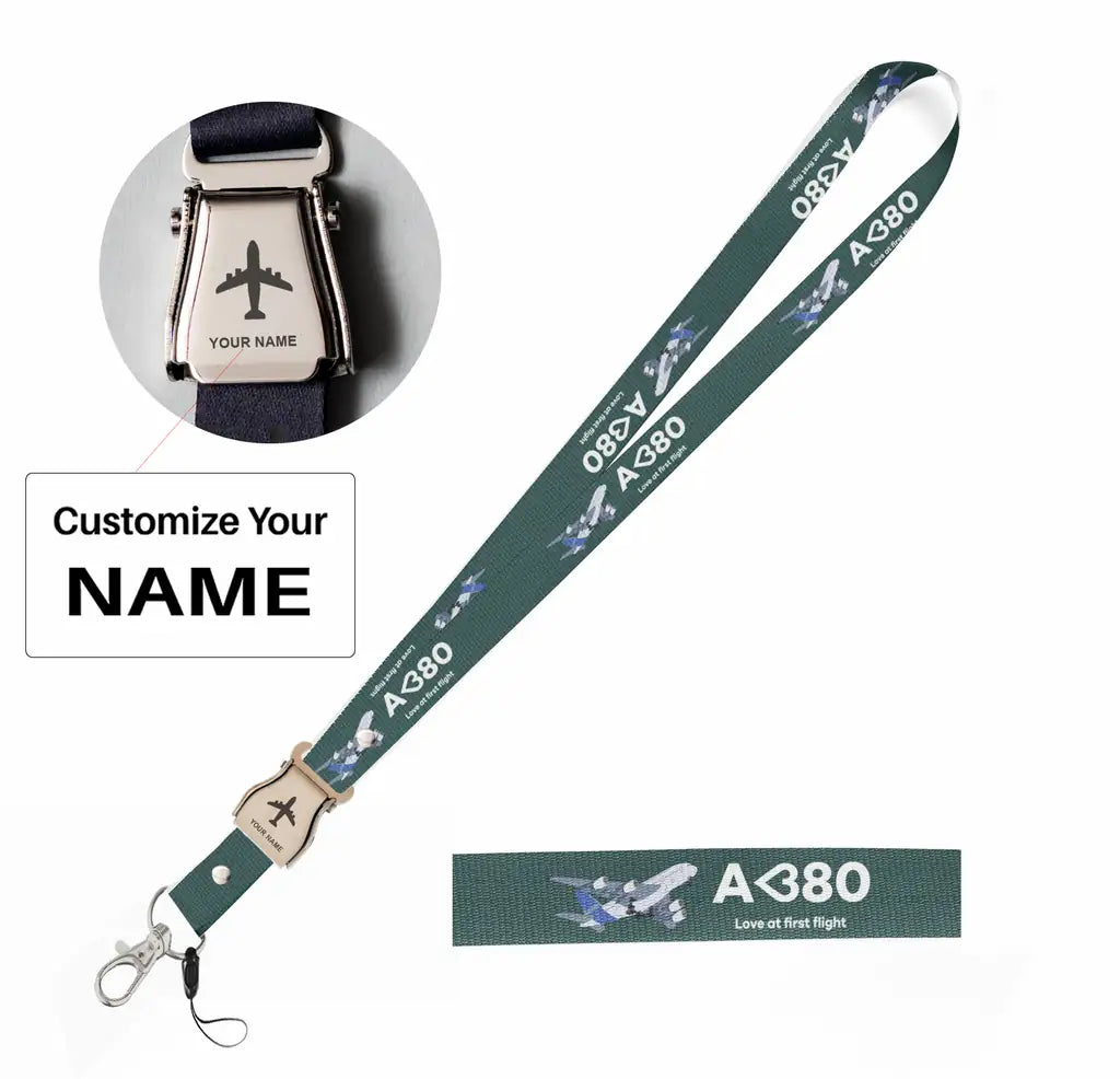 Airbus A380 Love at first flight seat belt lanyard - dark green with name