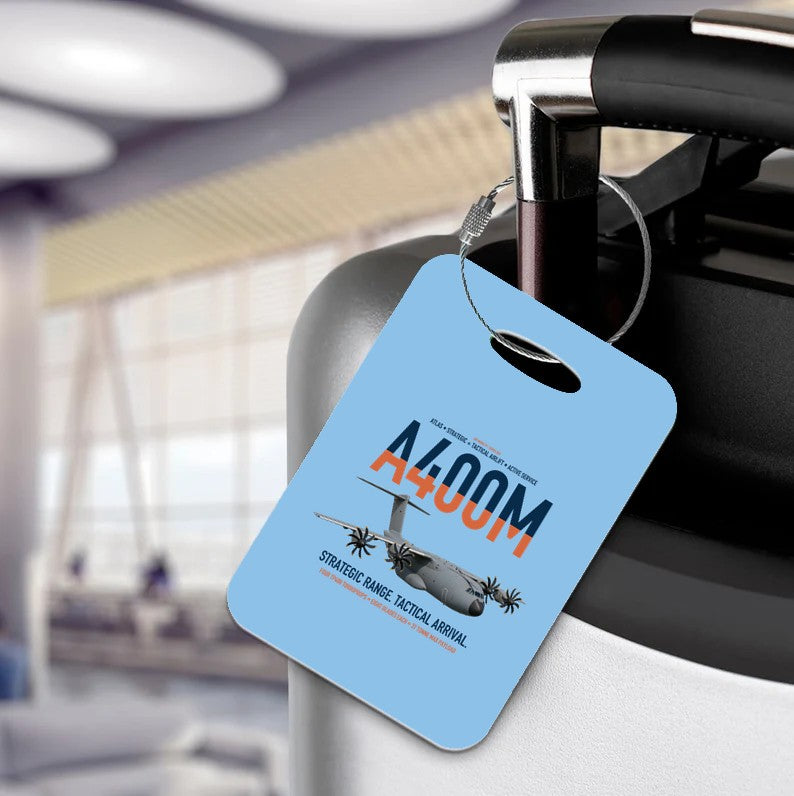 Airbus A400M Atlas design on light blue acrylic luggage tags, double-side print