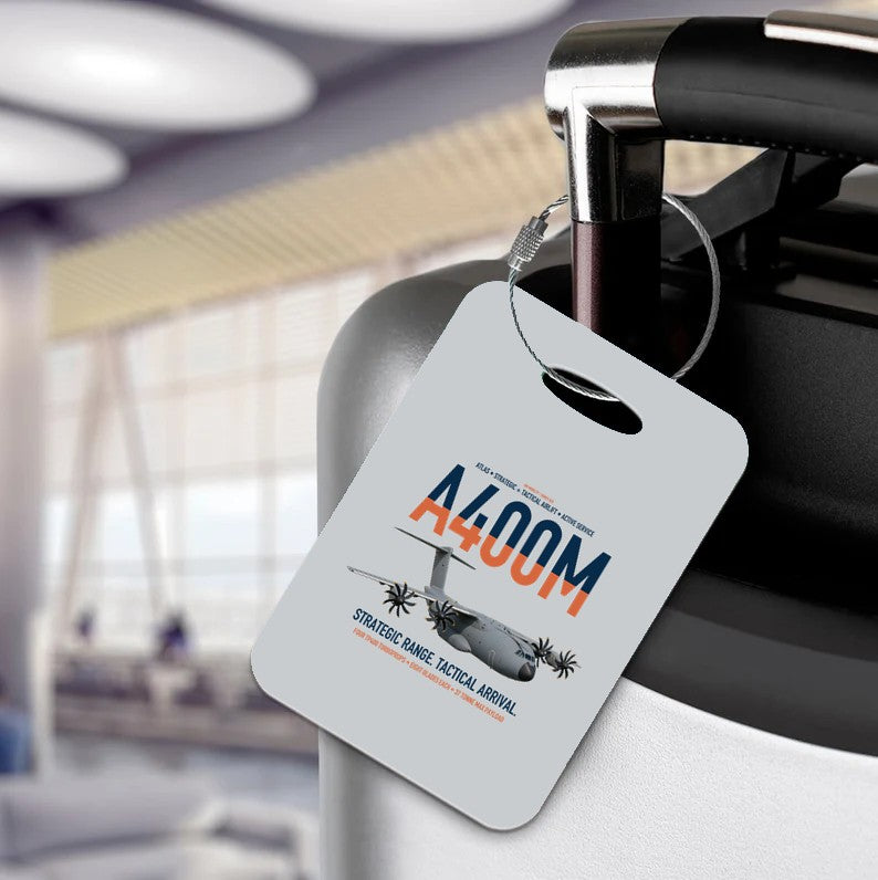 Airbus A400M Atlas design on light gray acrylic luggage tags, double-side print