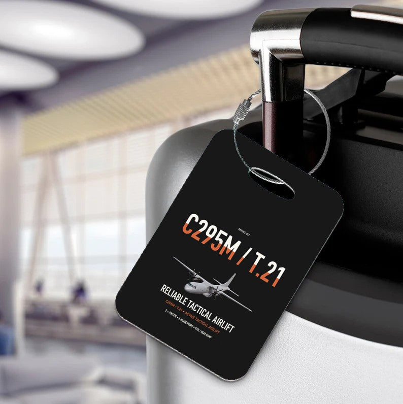 Airbus C295M T.21 design on black acrylic luggage tags, double-side print