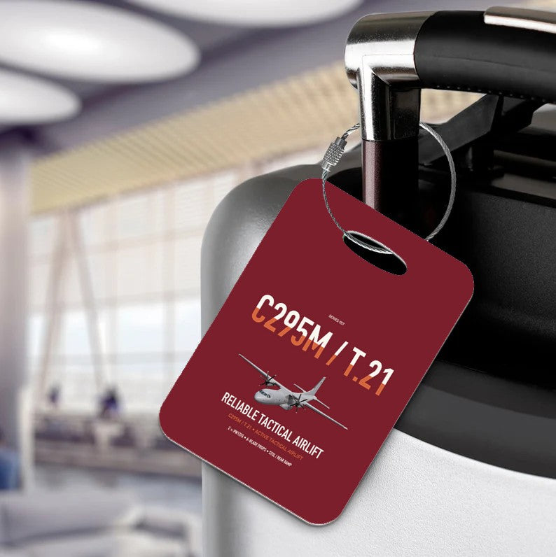 Airbus C295M T.21 design on dark red acrylic luggage tags, double-side print