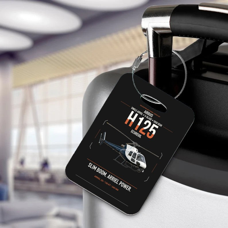 Airbus H125 design on black acrylic luggage tags, double-side print
