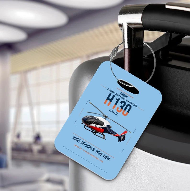 Airbus H130 design on light blue acrylic luggage tags, double-side print