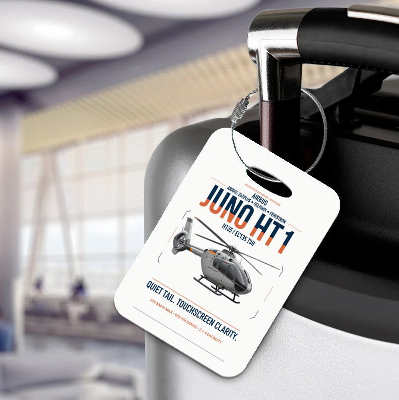 Airbus H135 Juno HT1 design on white acrylic luggage tags, double-side print