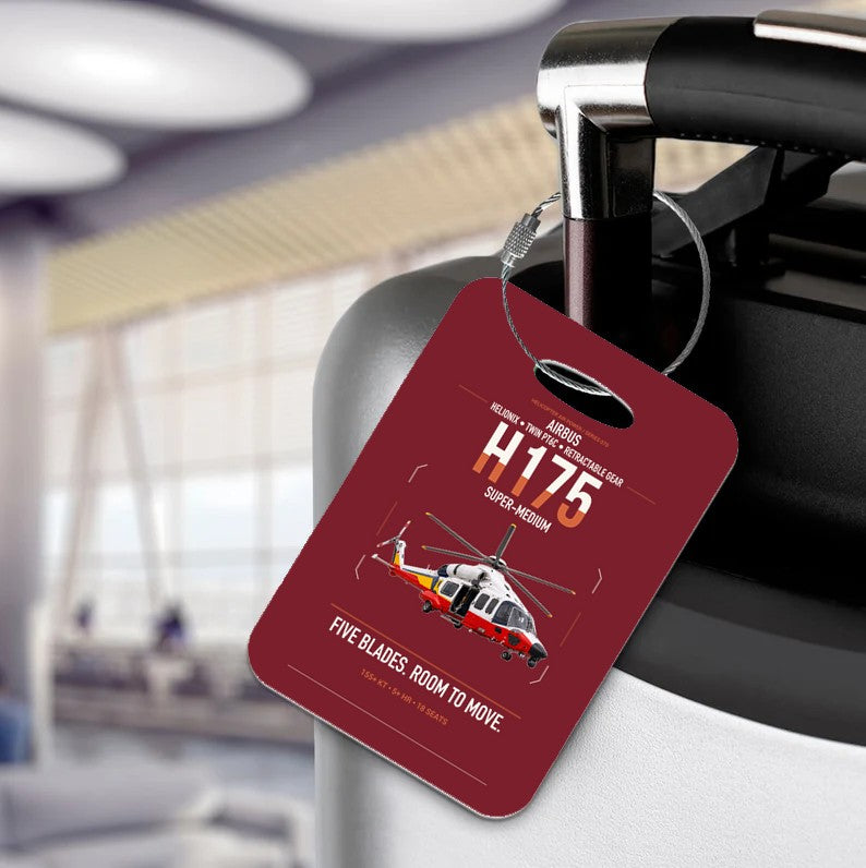 Airbus H175 design on dark red acrylic luggage tags, double-side print