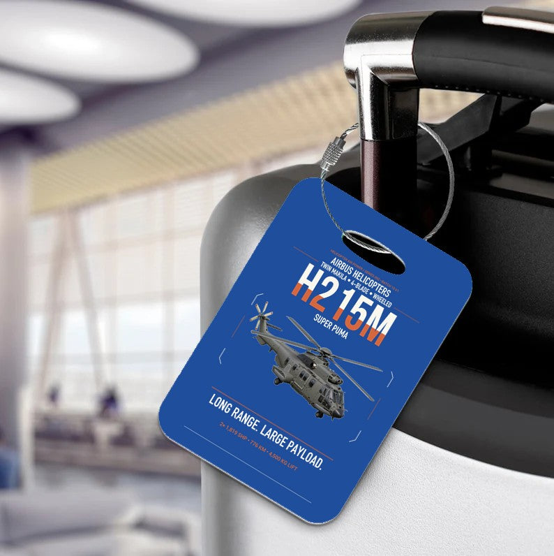 Airbus H215M design on blue acrylic luggage tags, double-side print