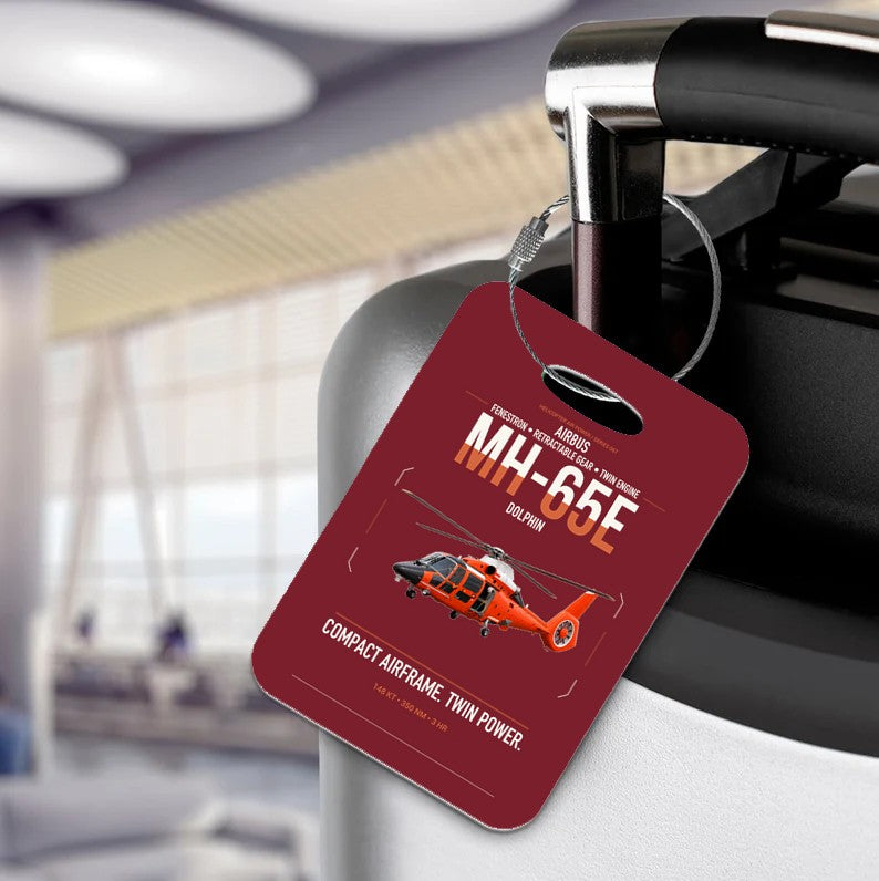 Airbus MH-65E Dolphin design on dark red acrylic luggage tags, double-side print