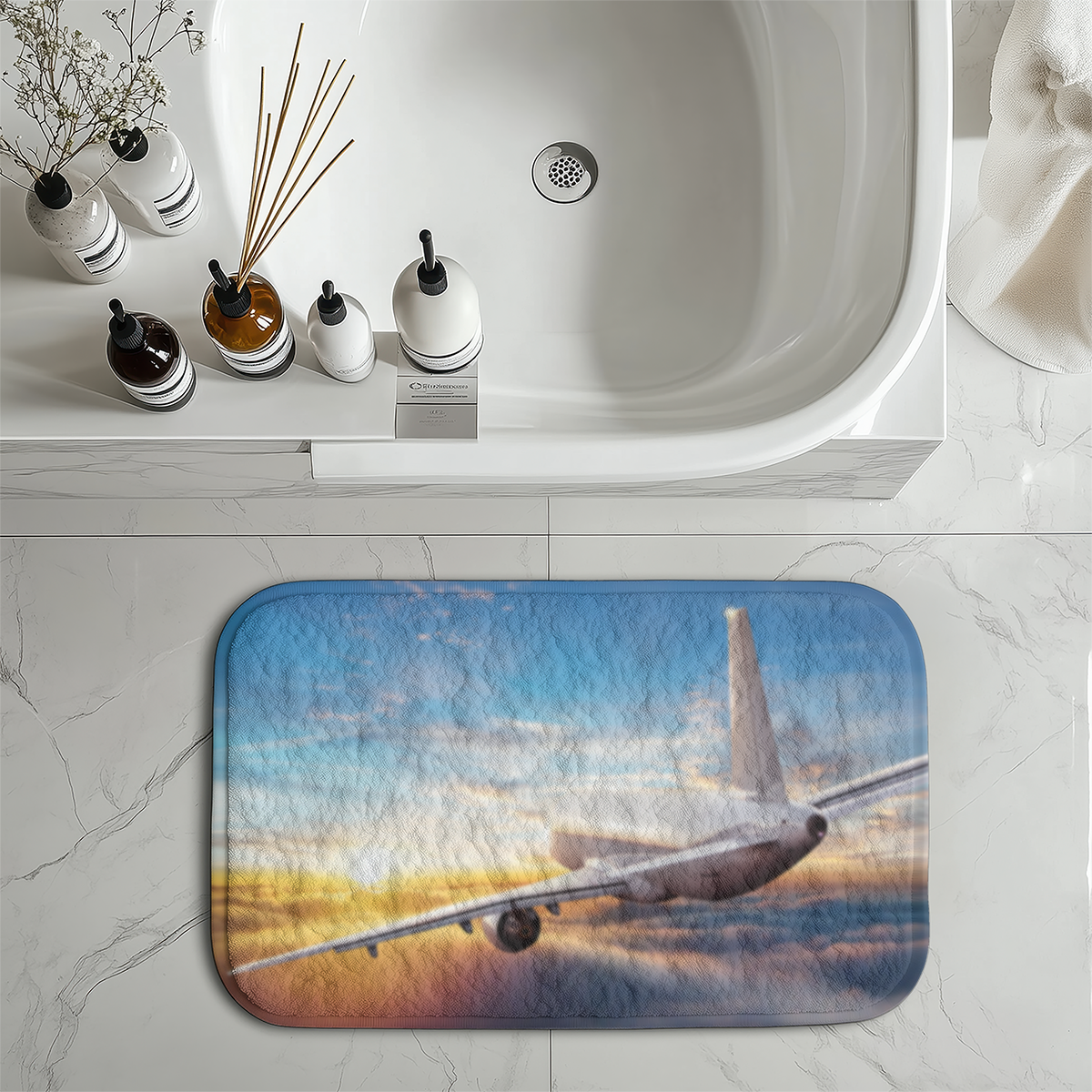 Airliner Jet Cruising over Clouds Designed Bath Mats