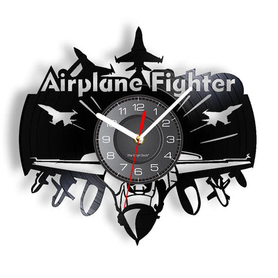 Airplane Fighter Vinyl Record aviation design on premium wood and metal wall clock.