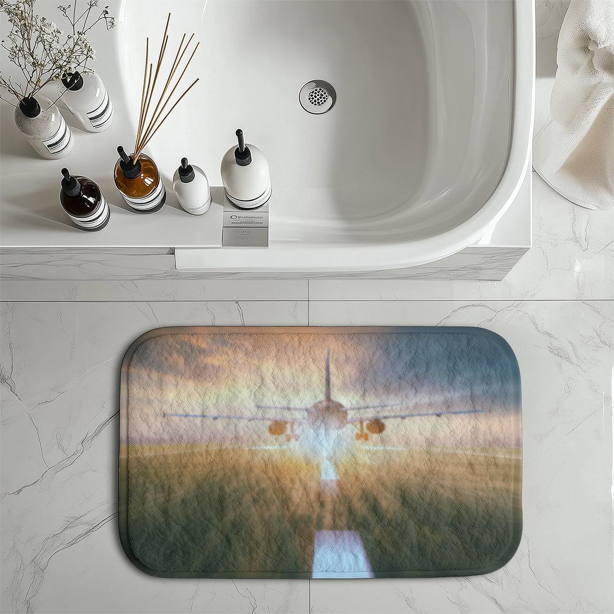 Airplane Flying Over Runway Designed Bath Mats