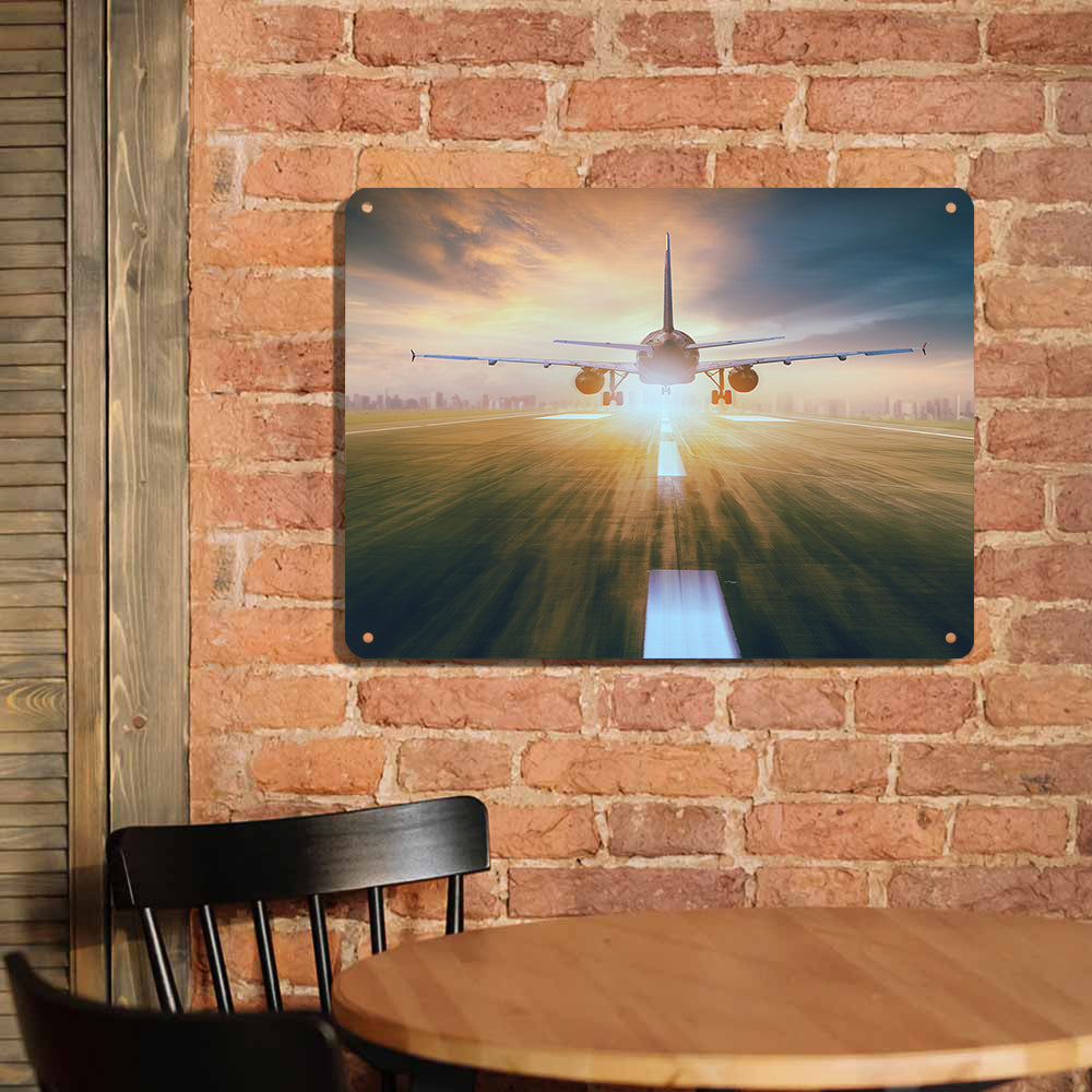 Airplane Flying Over Runway Printed Metal Sign