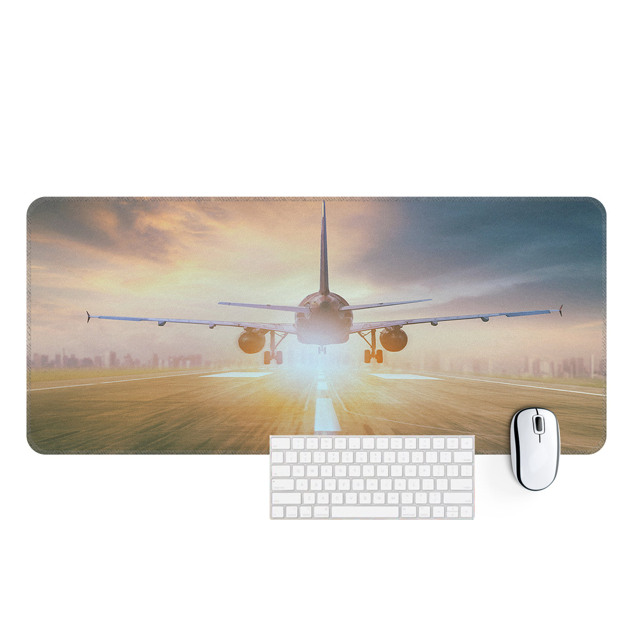 Airplane Flying Over Runway Designed Desk Mats