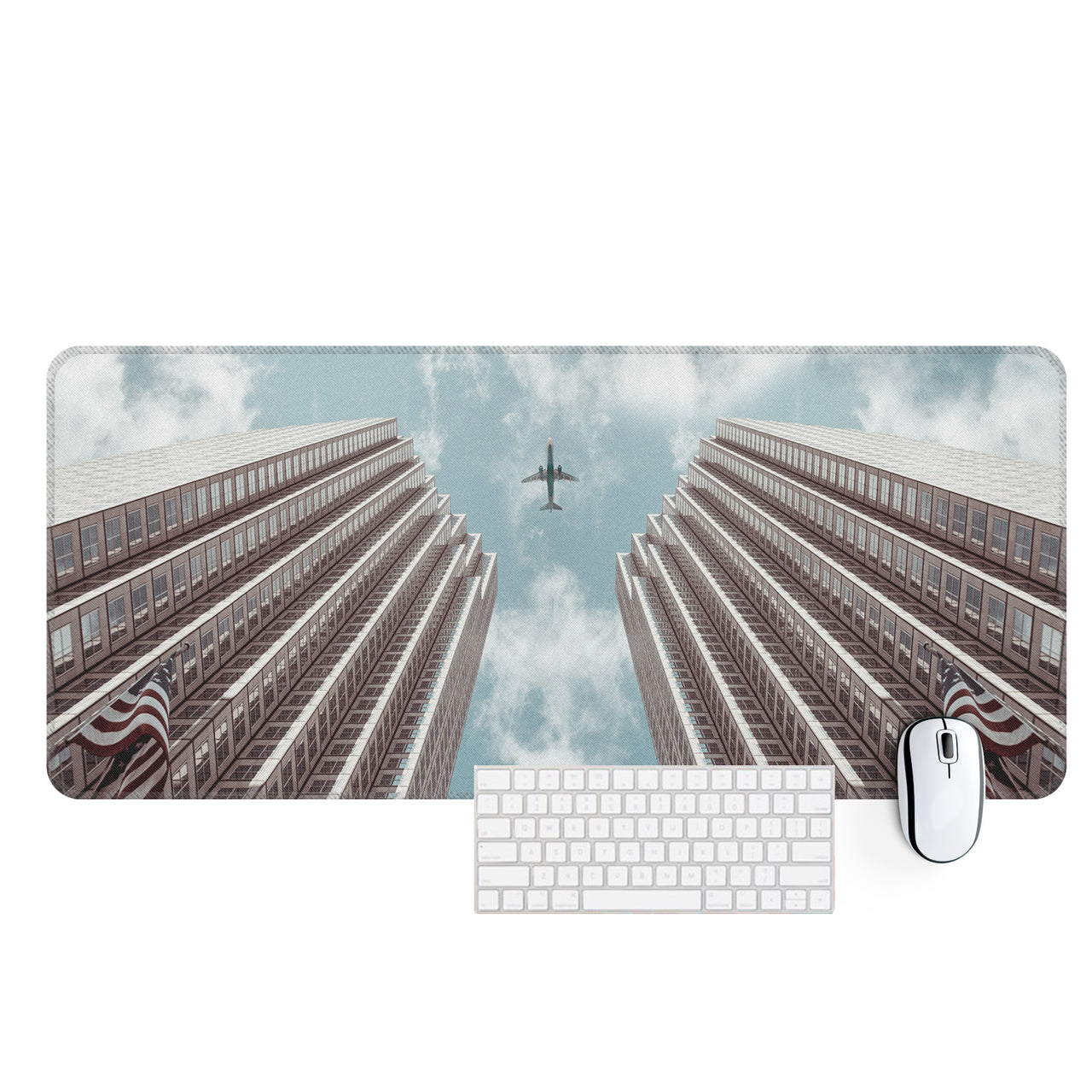 Airplane Flying over Big Buildings Designed Desk Mats