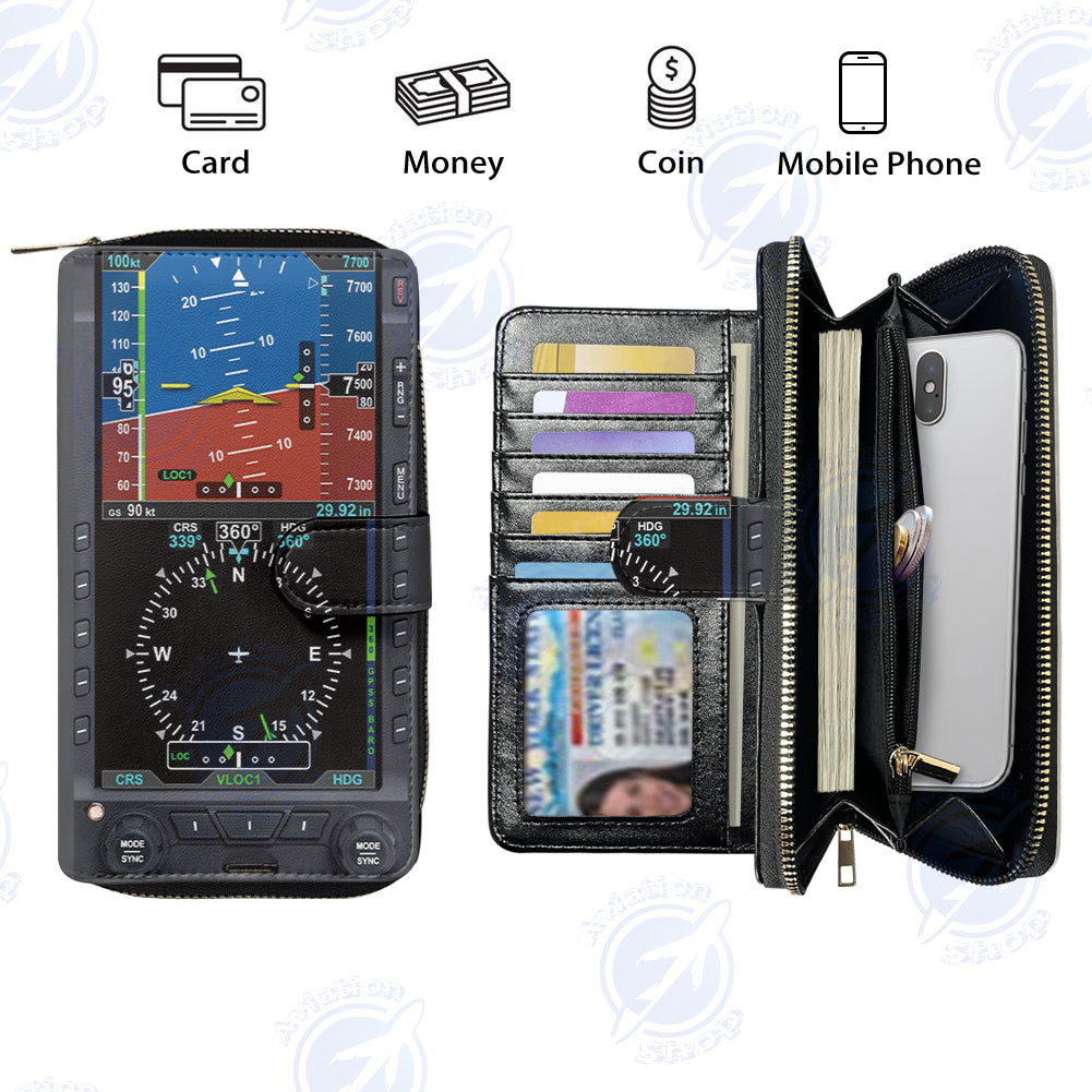 Airplane Primary Flight Designed Leather Long Zipper Wallets