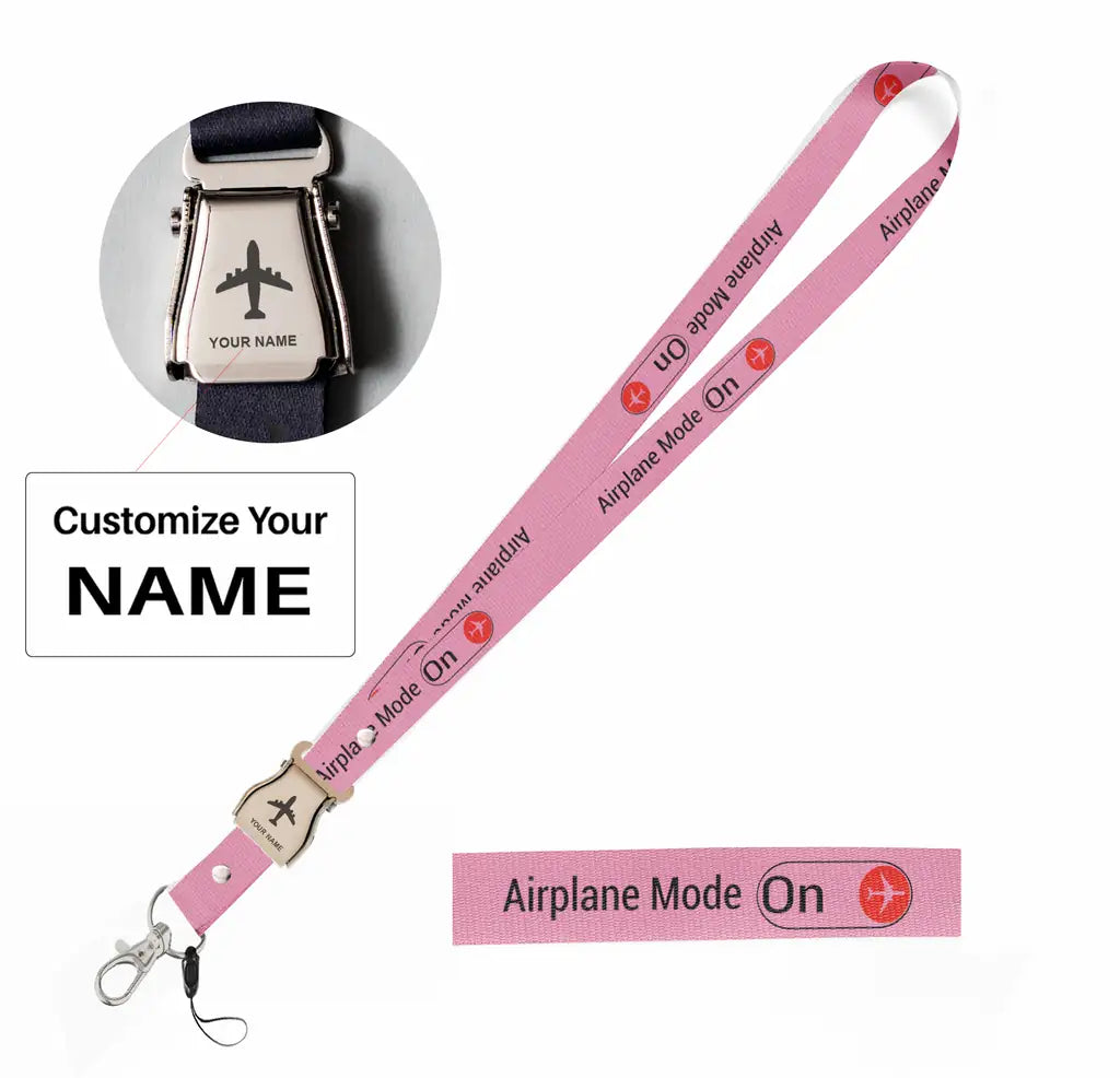 Airplane Mode On seat belt lanyard - pink with name