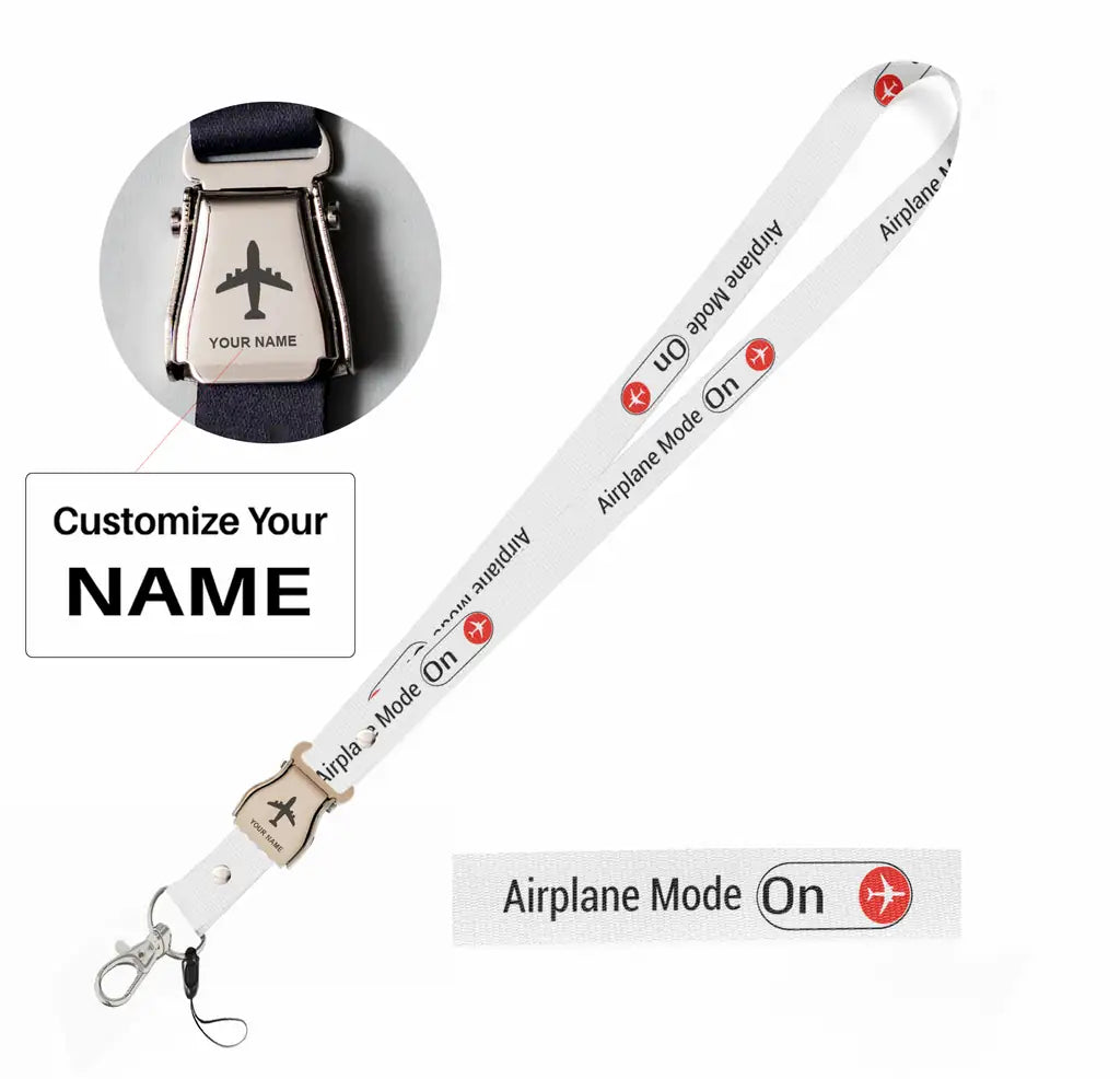 Airplane Mode On seat belt lanyard - white with name