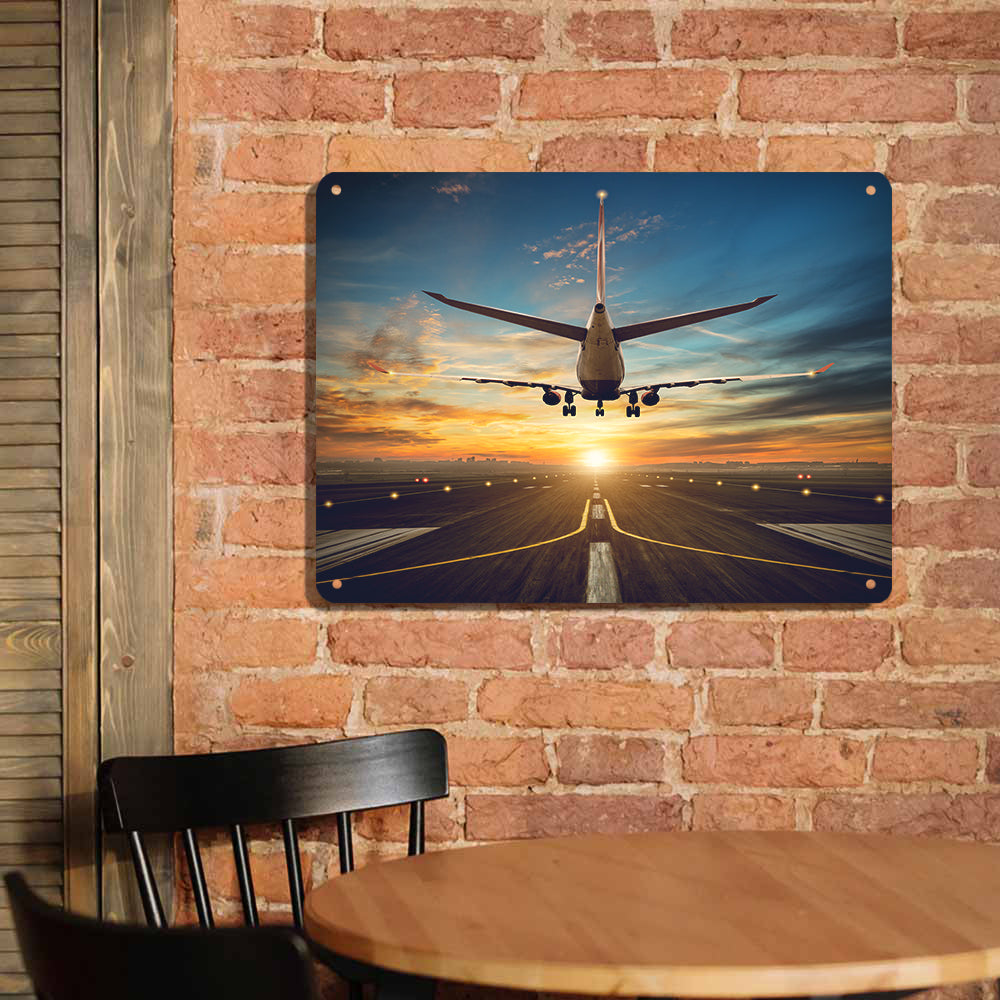 Airplane over Runway Towards the Sunrise Printed Metal Sign