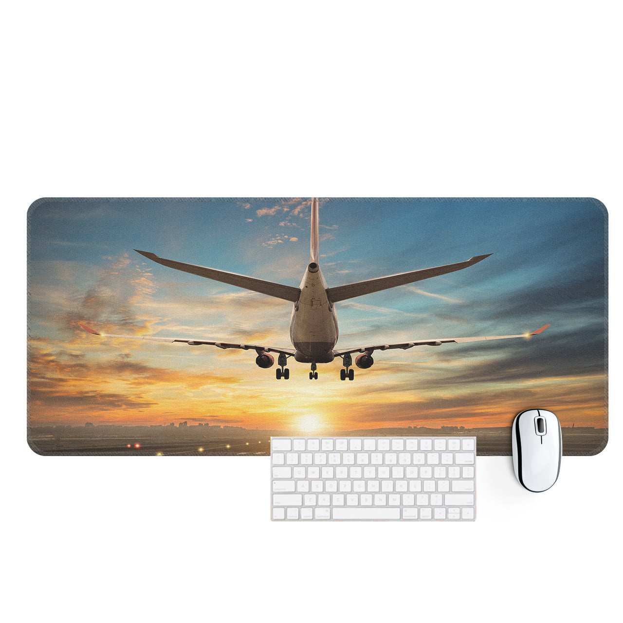 Airplane over Runway Towards the Sunrise Designed Desk Mats