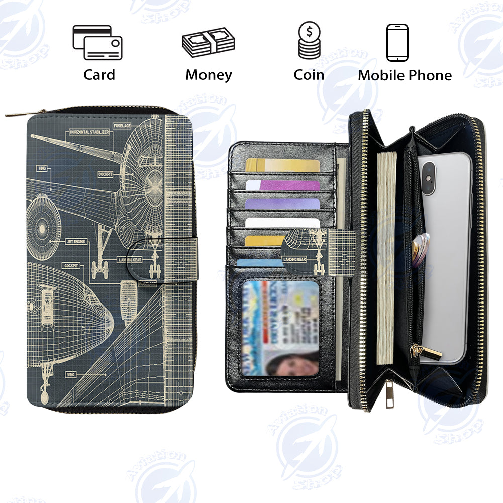 Airplanes Fuselage & Details Designed Leather Long Zipper Wallets
