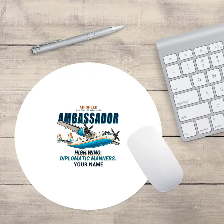 Airspeed AS.57 Ambassador - Cartoon + Name - Round Mouse Pad - White