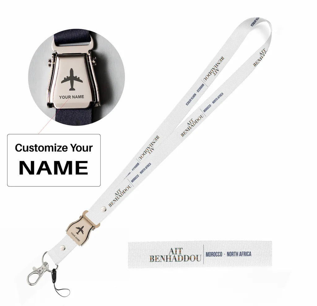 Ait Benhaddou City Series seat belt lanyard - white with name