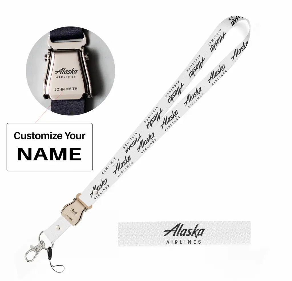 Alaska Airlines seat belt lanyard - white with name
