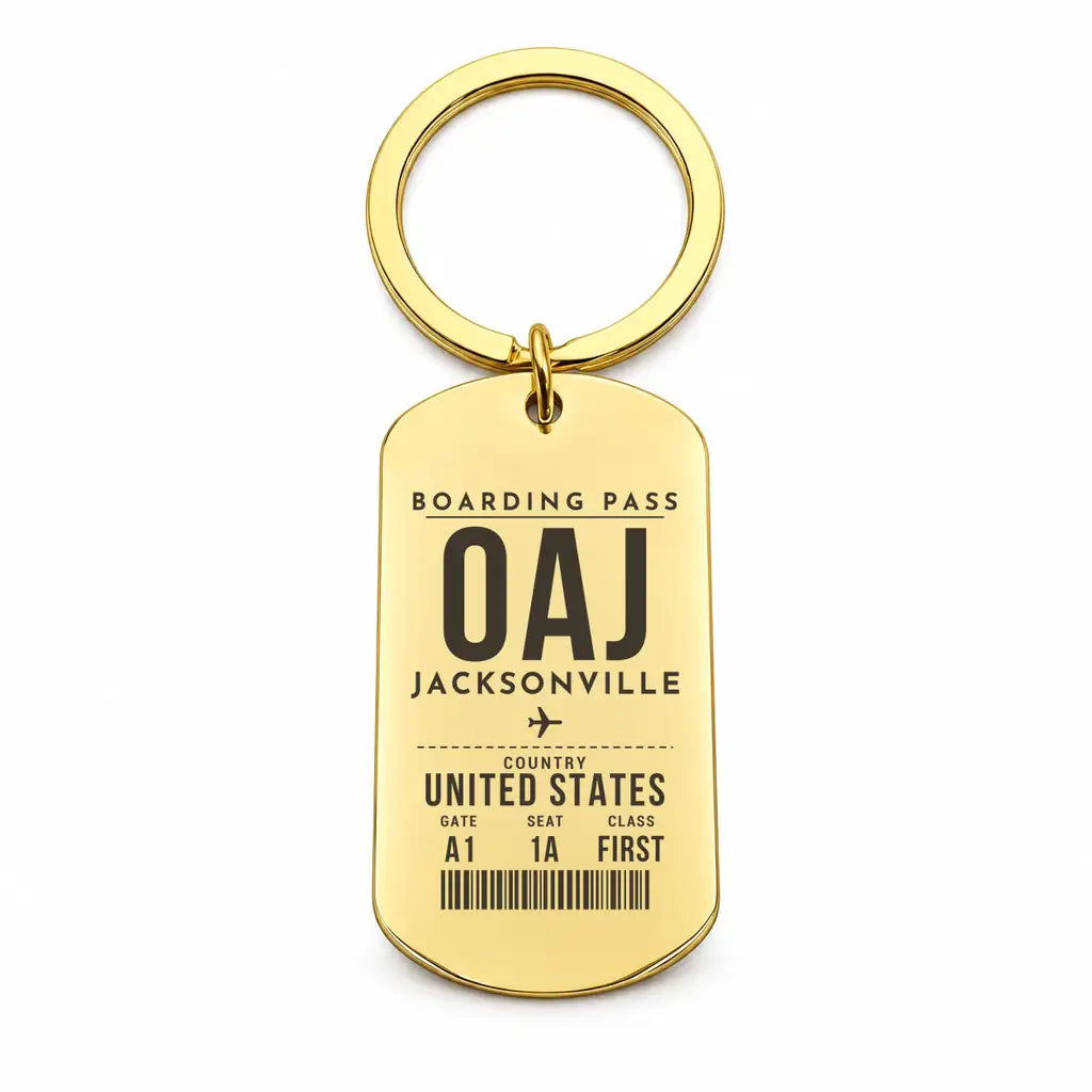 Albert J. Ellis Airport OAJ - Key Chain - Boarding Pass Style - Gold