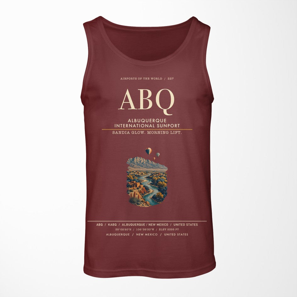 Albuquerque International Sunport (ABQ) design on dark red tank top