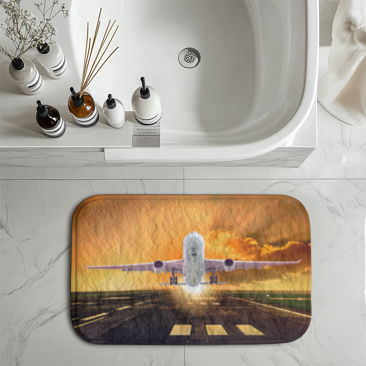 Amazing Departing Aircraft Sunset & Clouds Behind Designed Bath Mats
